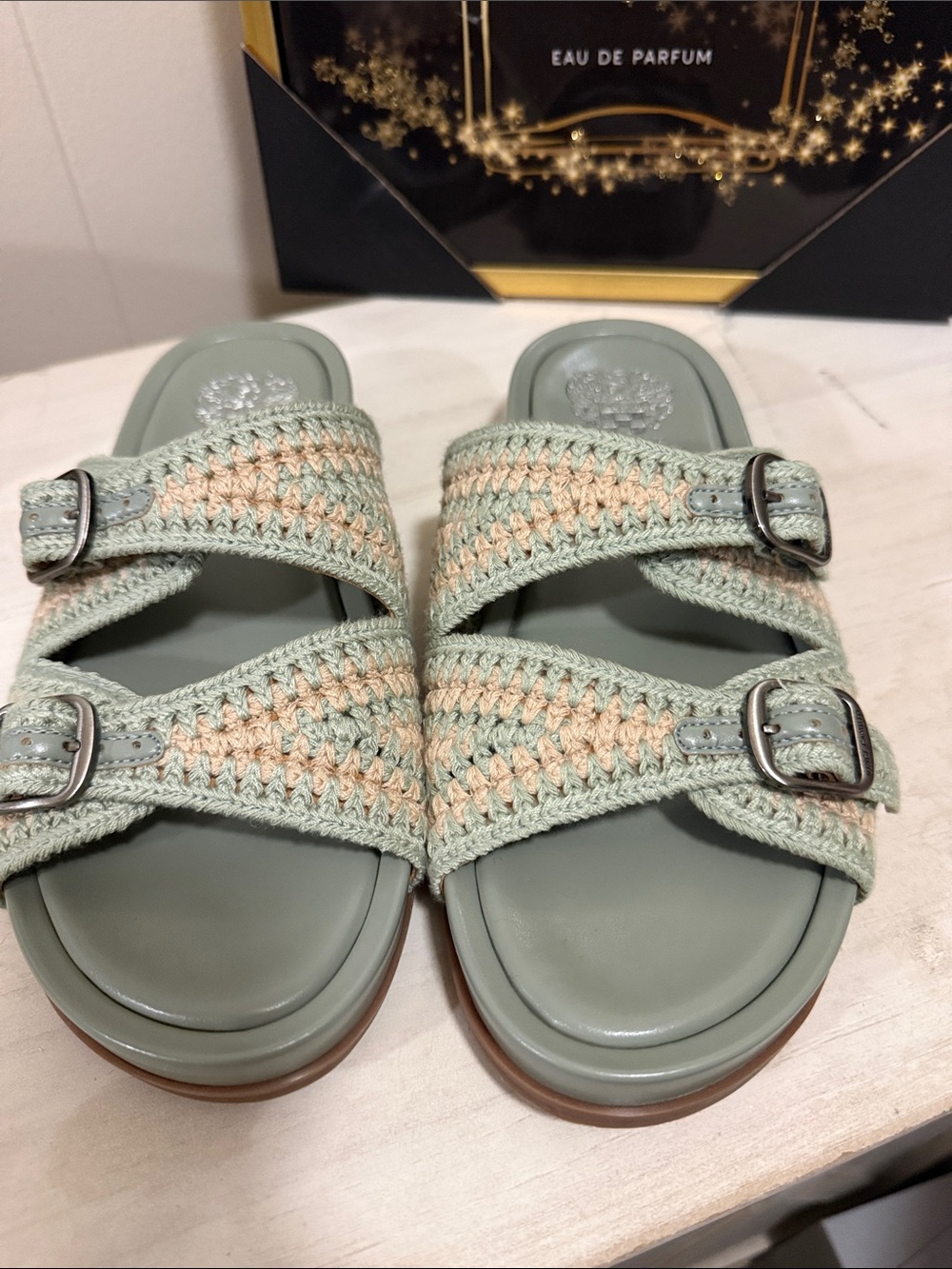 Vince Camuto Sage Green Crochet Slide Sandals with Beige Accents